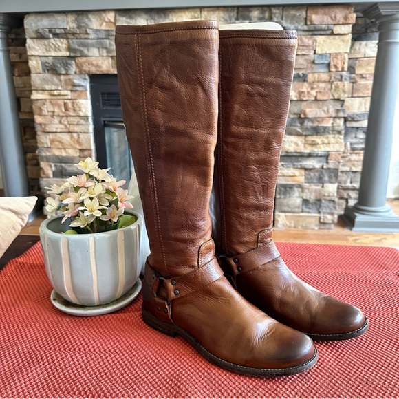 Frye Phillip Harness Knee High Leather Boots Sz 9 Brown w/Studs Back Zipper - Picture 2 of 10